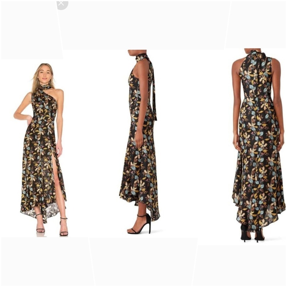 Nicholas‎ Silk Satin Maxi Dress Womens 4 Black Floral One Shoulder High Neck Tie
